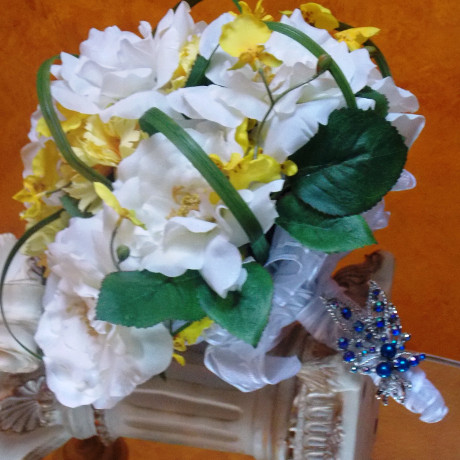 White Orlane Rose with Yellow Dancing Orchids with Grass Ribbons Bouquet