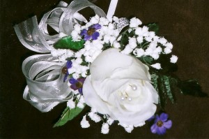 WHITE ROSE CORSAGE WITH PURPLE