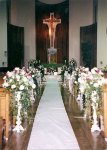 CEREMONY, CHURCH WITH ARRANGEMENTS ON STANDS RENTALS 