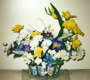 Spring basket of blue and yellow gladiolas  arrangement 